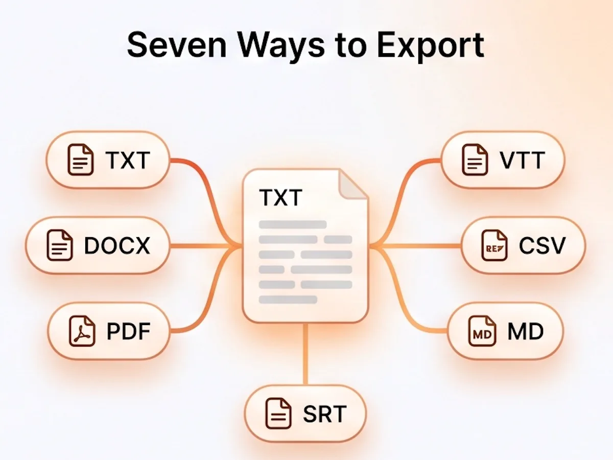 AAC 文字稿导出为 TXT、DOCX、PDF、SRT、VTT、CSV 和 Markdown