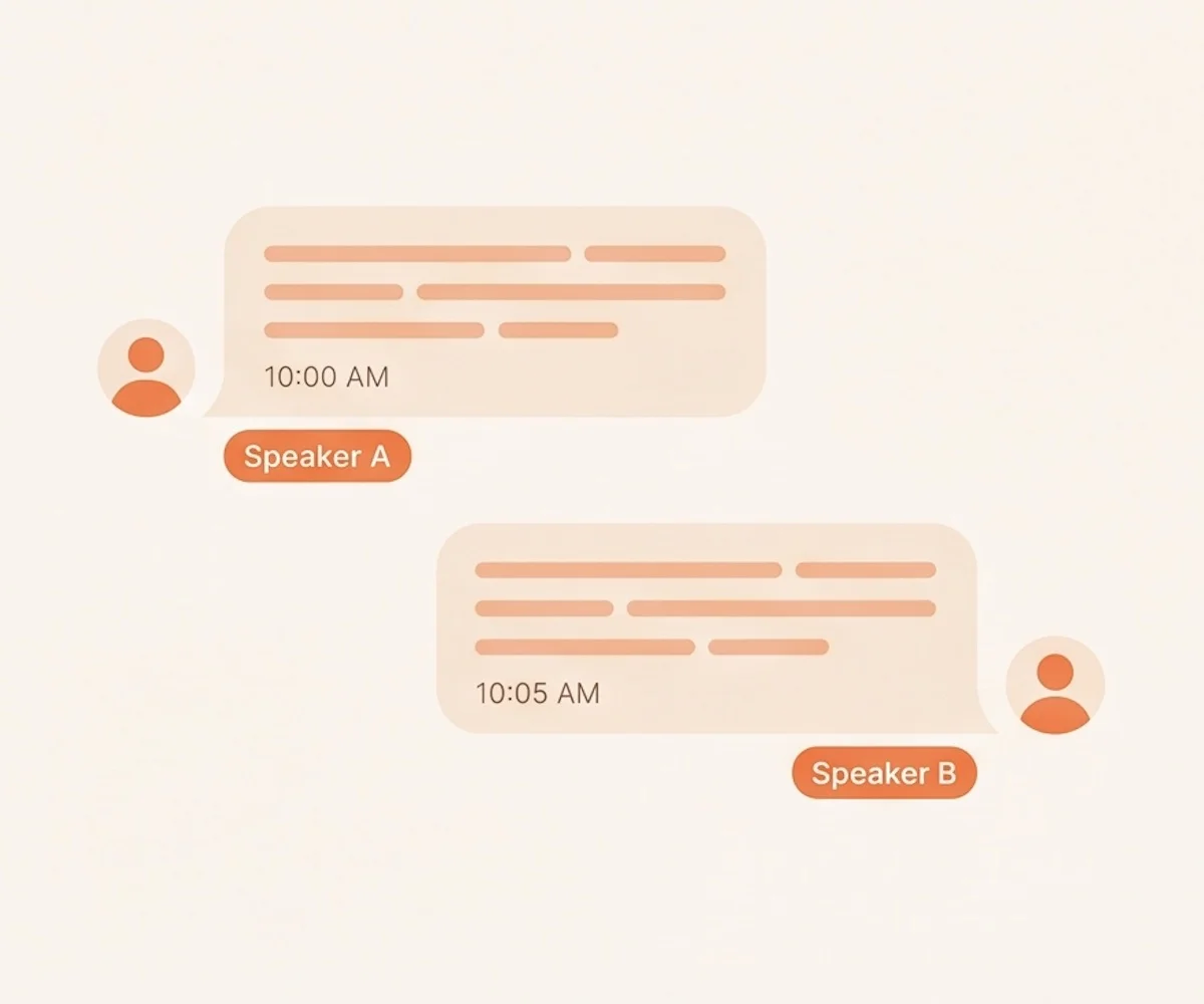 Vista della trascrizione con tag speaker e indicatori temporali