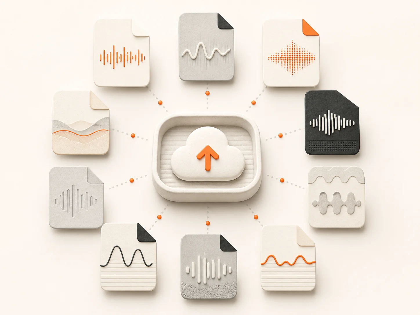 Ten audio file cards arranged around a cloud upload tray