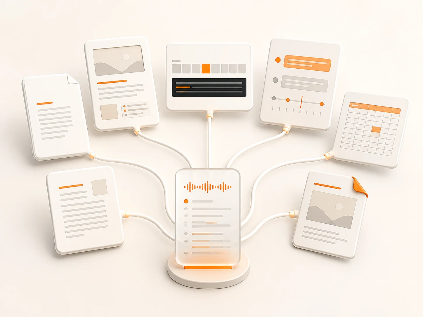 Transcript connected to seven document and subtitle export cards