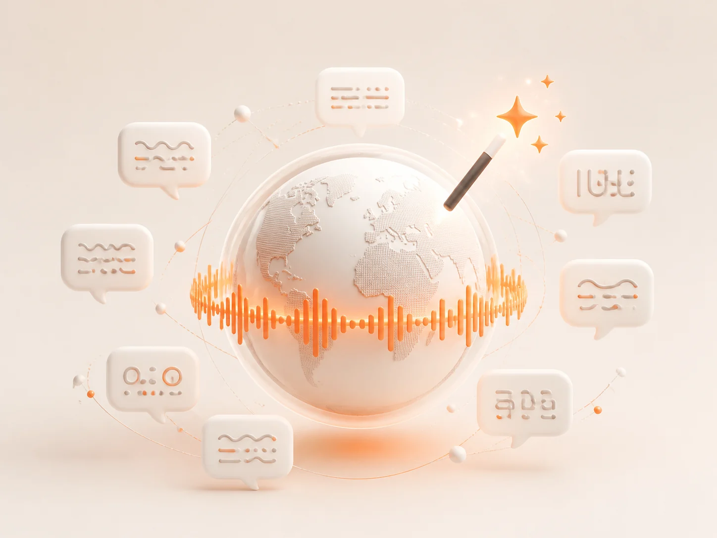 Globe surrounded by speech bubbles and an audio waveform