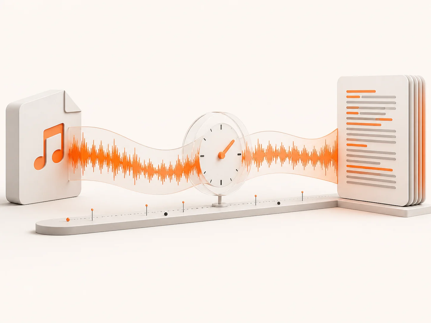 Long audio waveform passing through a clock into a transcript