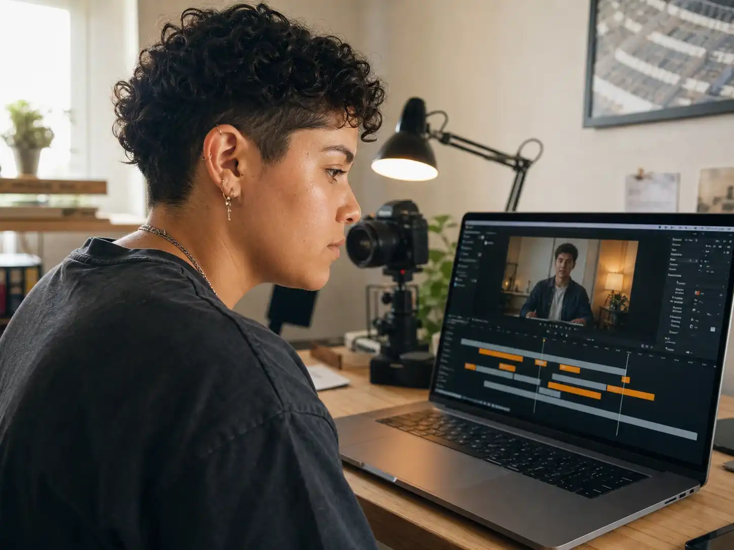 Video creator reviewing a subtitle timeline on a laptop