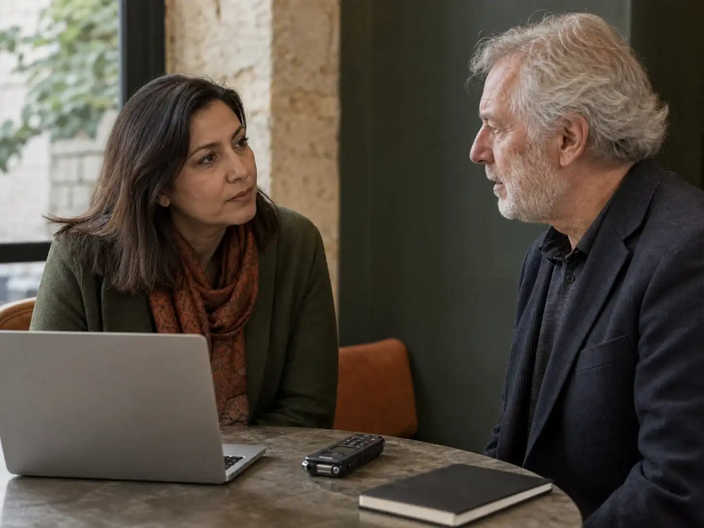 Journalist interviewing a guest with a recorder and laptop on the table