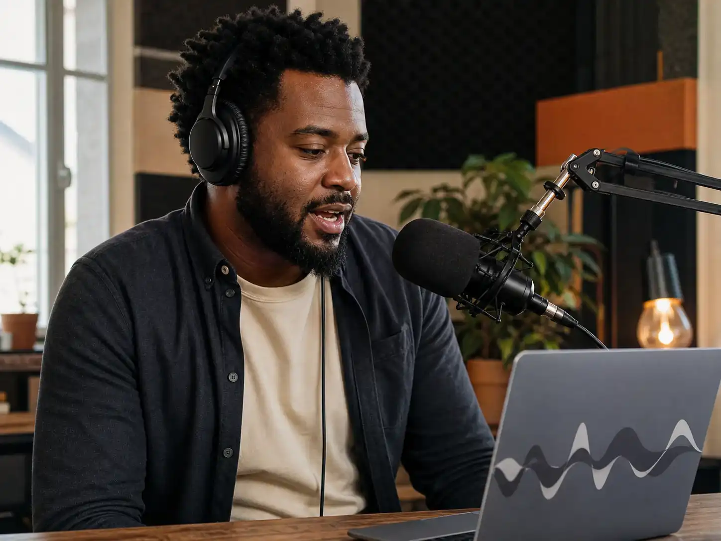Podcaster wearing headphones and speaking into a microphone beside a laptop