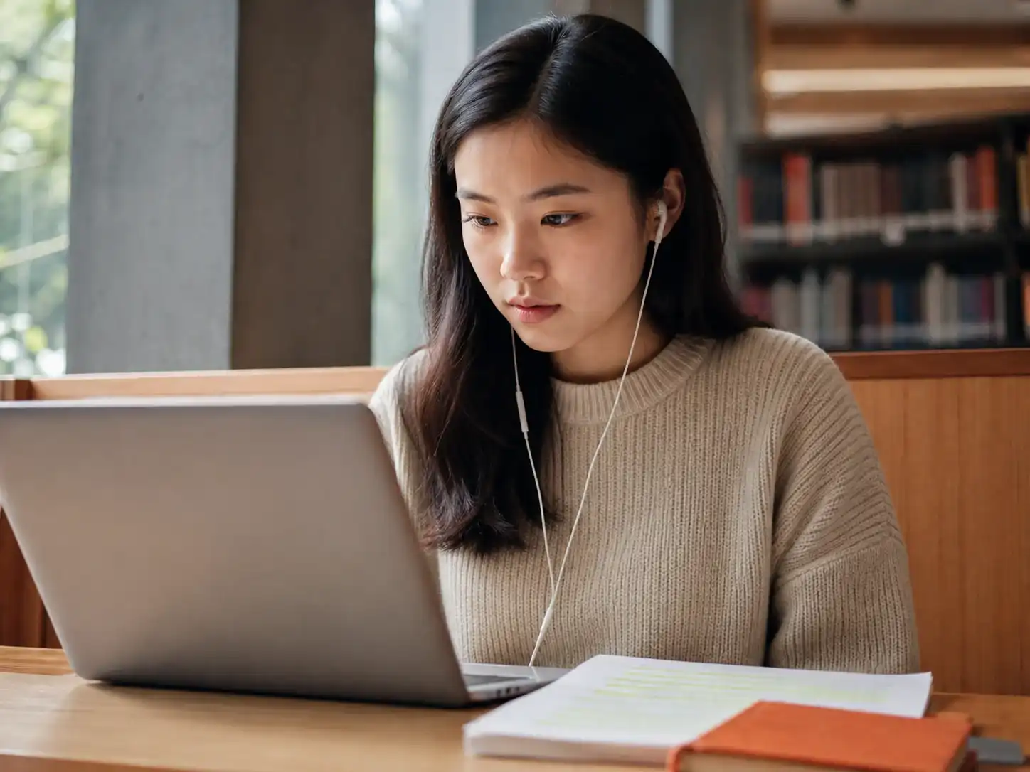 Student listening to a lecture recording while reviewing notes on a laptop