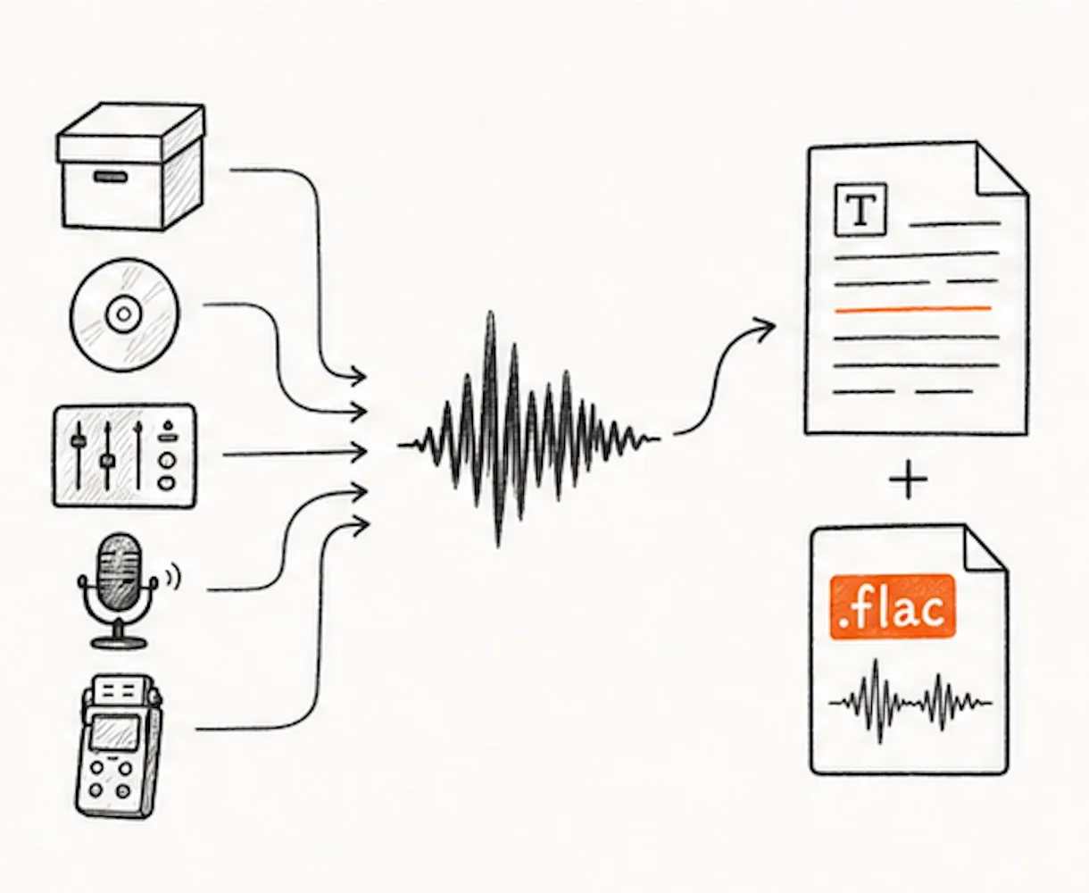 アーカイブ、ディスク、ミキサー、マイク、レコーダーの音声をFLACから文字起こしする様子