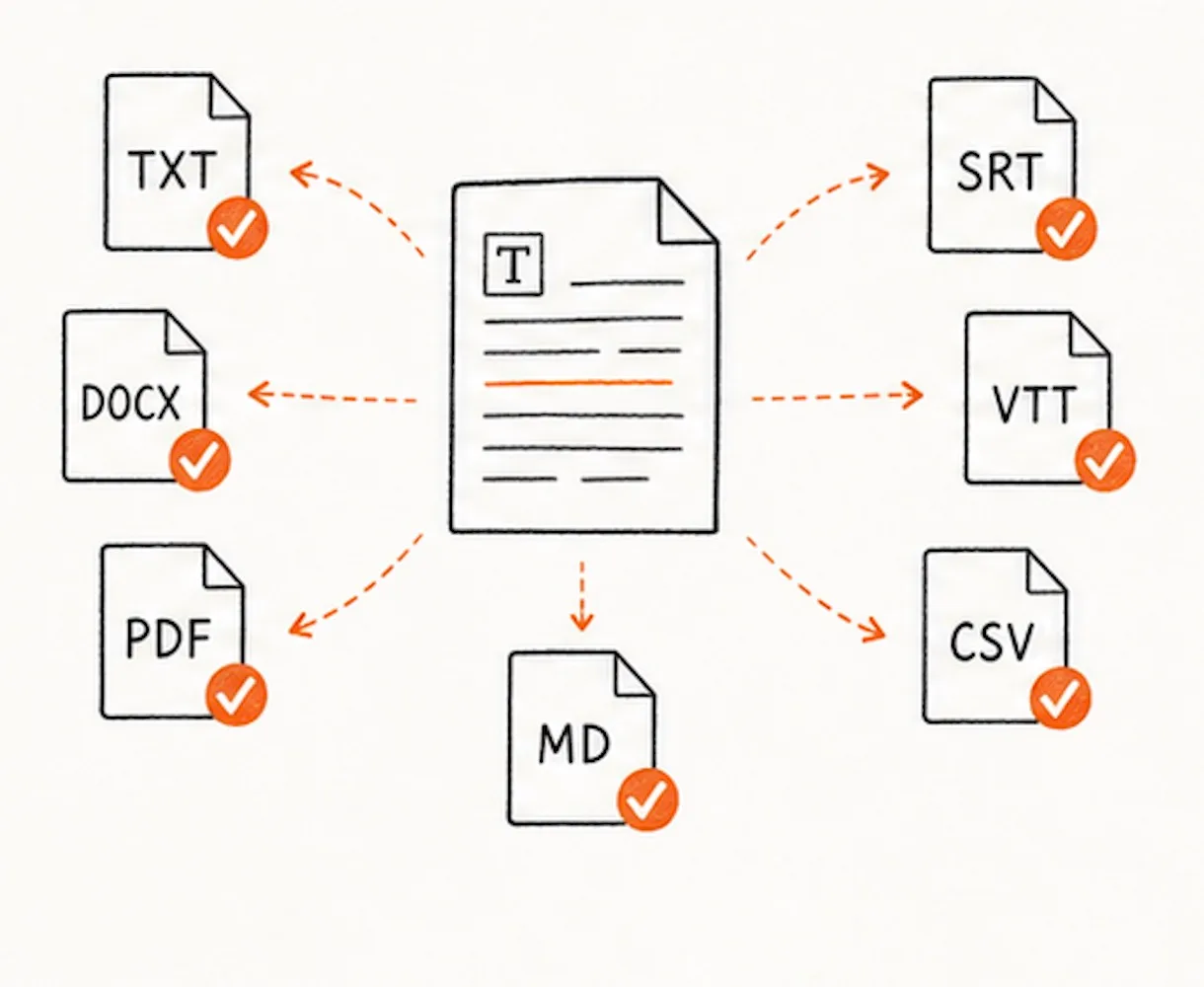 FLAC文字起こしをTXT、DOCX、PDF、SRT、VTT、CSV、Markdownで書き出す様子