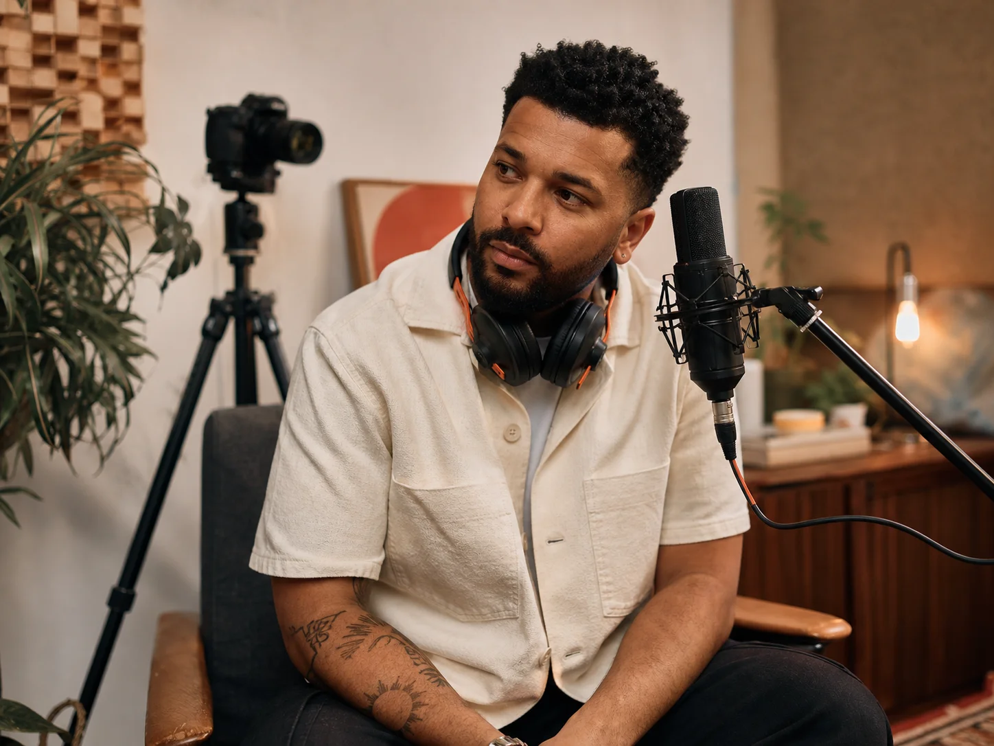 Content creator with headphones and a microphone in a home studio