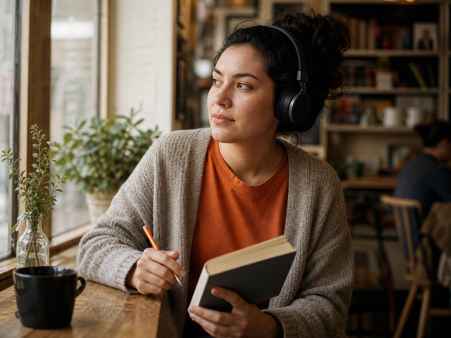 English language learner wearing headphones and holding a book in a cafe