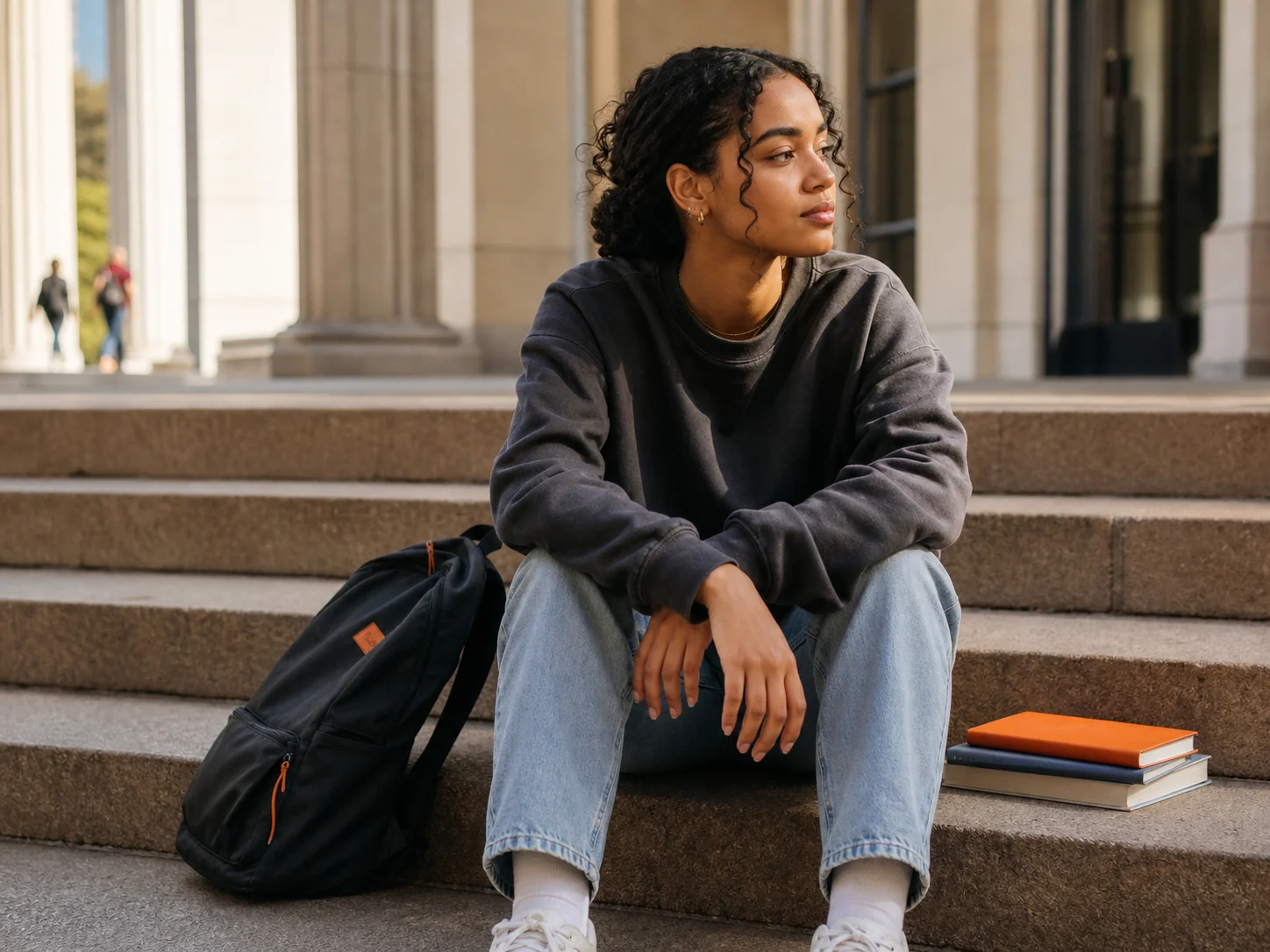University student sitting with books and a backpack on campus steps