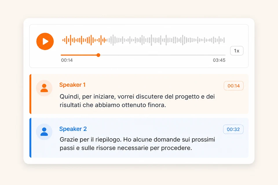 Transcript interface showing two labeled speakers with timestamps