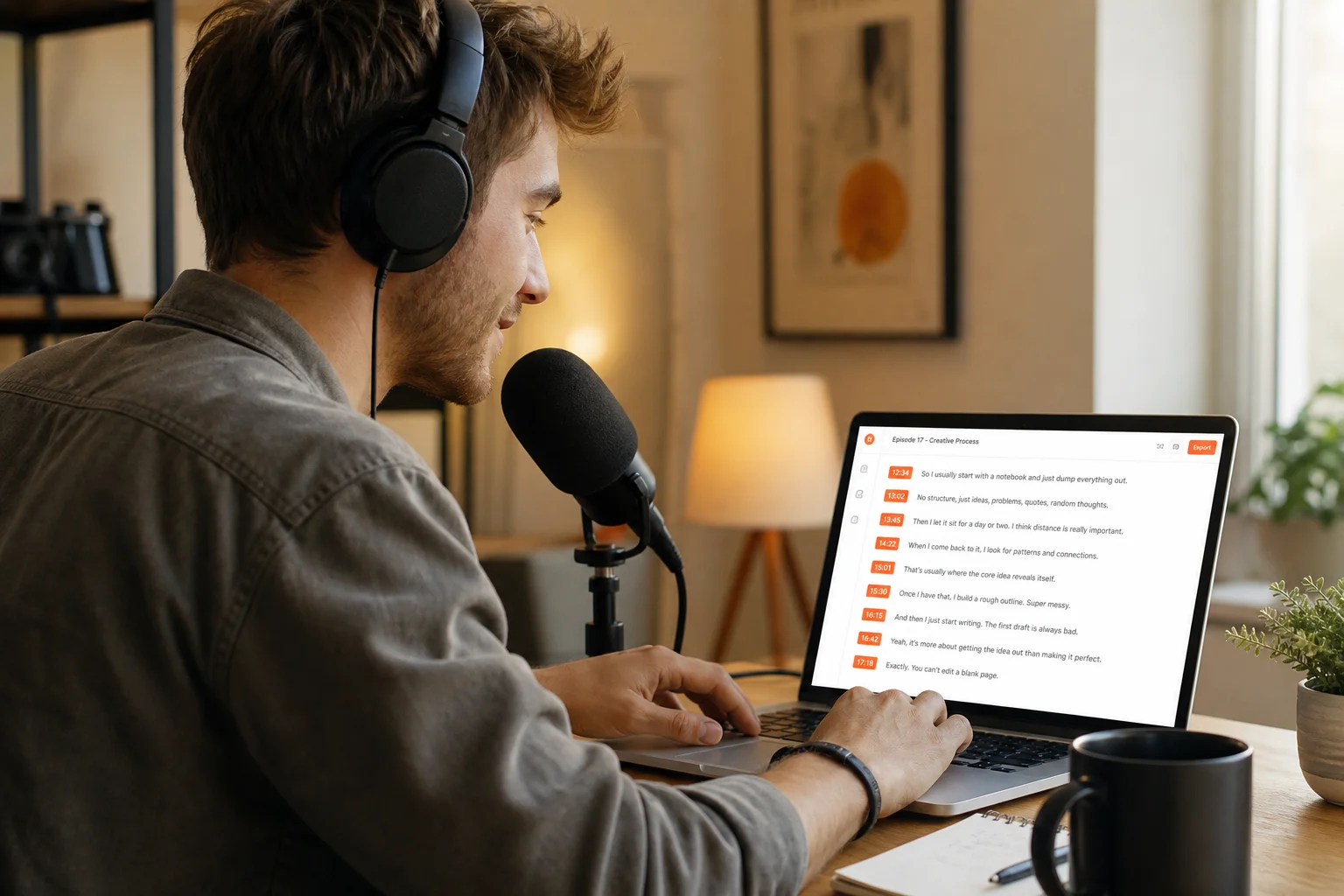 Podcaster at a studio desk reviewing a timestamped transcript