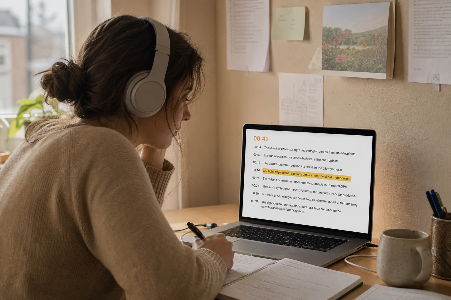 Student studying a lecture transcript with a highlighted timestamp