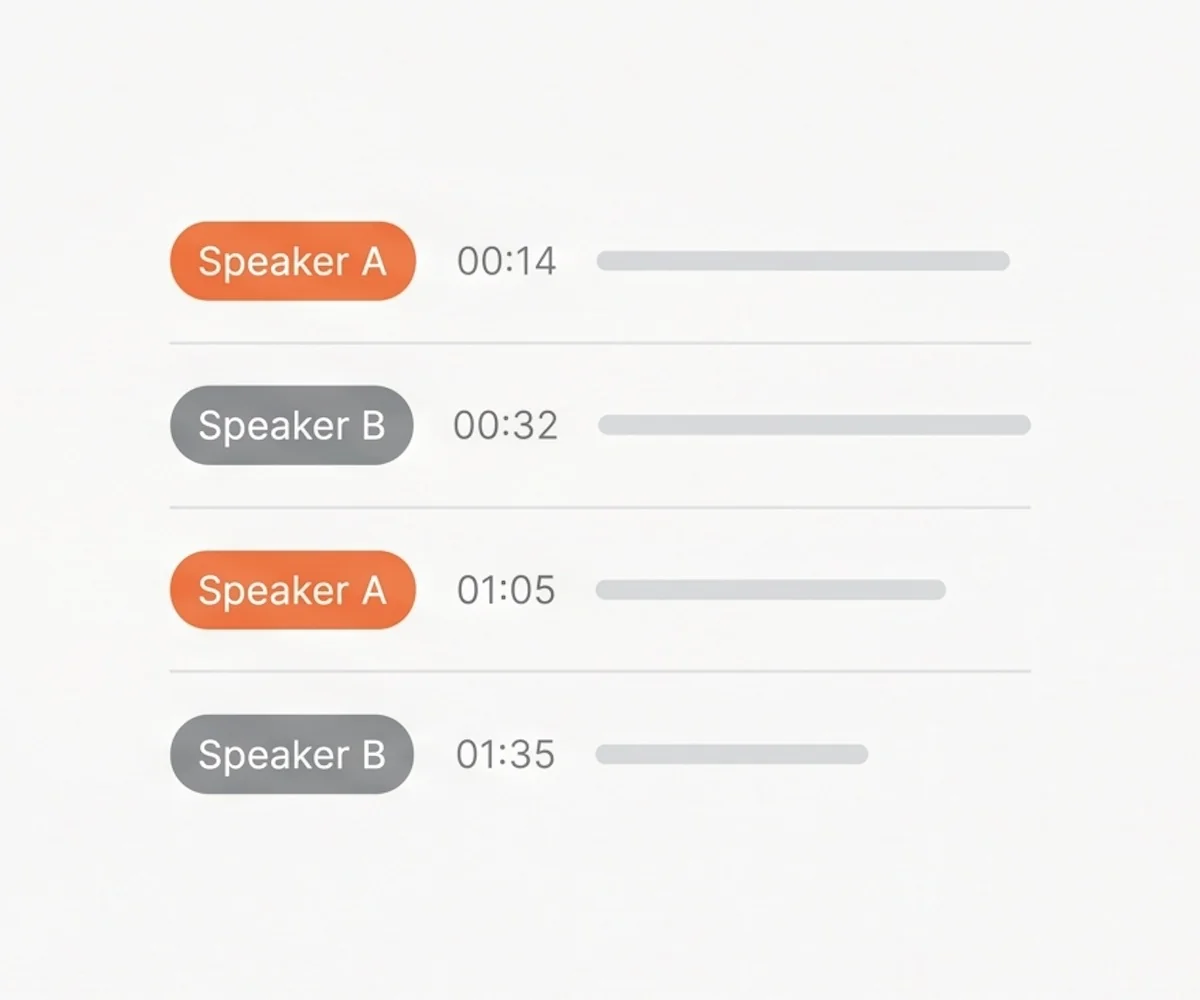 Transcription OGG avec locuteurs identifiés automatiquement et horodatages visibles
