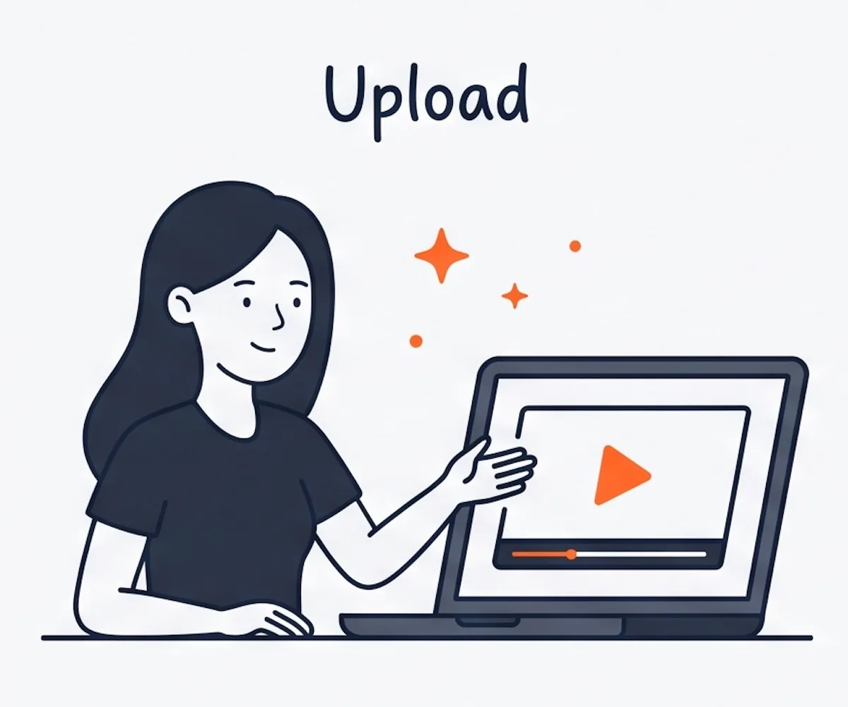 ノートパソコンに表示された動画プレイヤーを操作する人物のイラスト、アップロード準備中