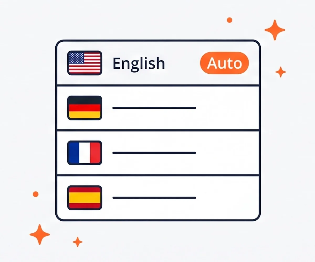 米国、ドイツ、フランス、スペインの国旗とオレンジ色のAutoトグルが付いた言語セレクター