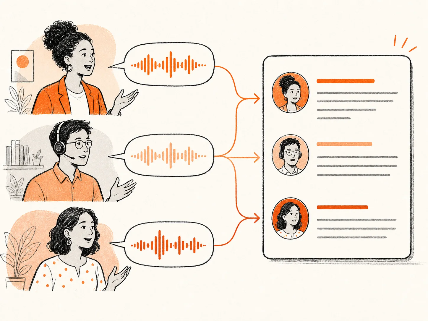 Vários falantes separados em seções individuais da transcrição